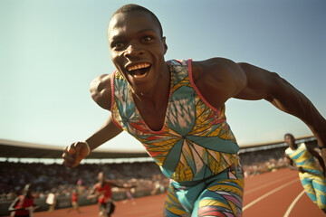 A determined African black athlete sprints down the track, focused and committed to victory in a high-stakes competition. 