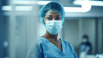 Smiling surgeon black woman in surgical operating room, talented doctor surgeon successfully performed complex surgery on patient, happy smiling black woman in medical coat and cap. Professional exper