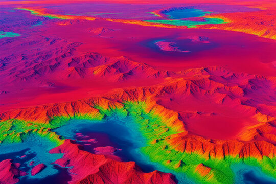 Infrared thermography land mapping of a region with mountains and valleys showing colored gradients of heat due to different soil absorption of solar radiation. Aerial view of thermal scan imaging.