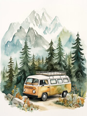 watercolor retro car travel at the foot of the mountains in the forest
