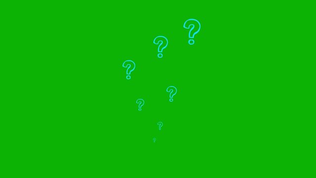 Animated blue linear question marks fly from bottom to top. Hand drawn symbols are sprayed. Looped video. Flat vector illustration isolated on green background.