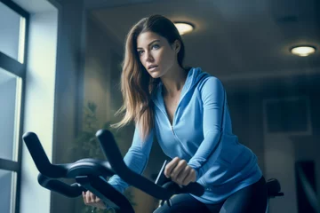 Crédence de cuisine en verre imprimé Fitness Active fitness woman working out on exercise bike at the gym with window background. Female exercising on bicycle in health club. Close up focus on legs.