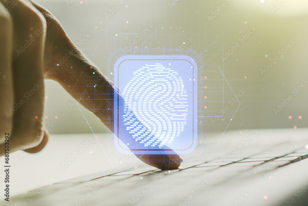 Poster Abstract creative fingerprint concept with hands typing on laptop on background. Multiexposure