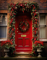 Festive Christmas decorated traditional house front door in light snow