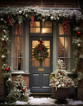 Festive Christmas decorated traditional house front door in light snow