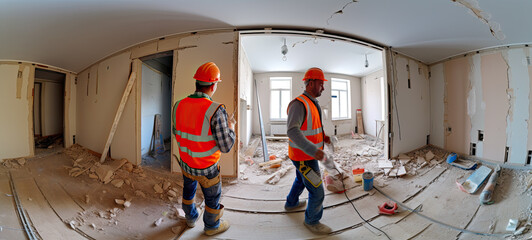 Construction workers working on a large room in fisheye camera view 