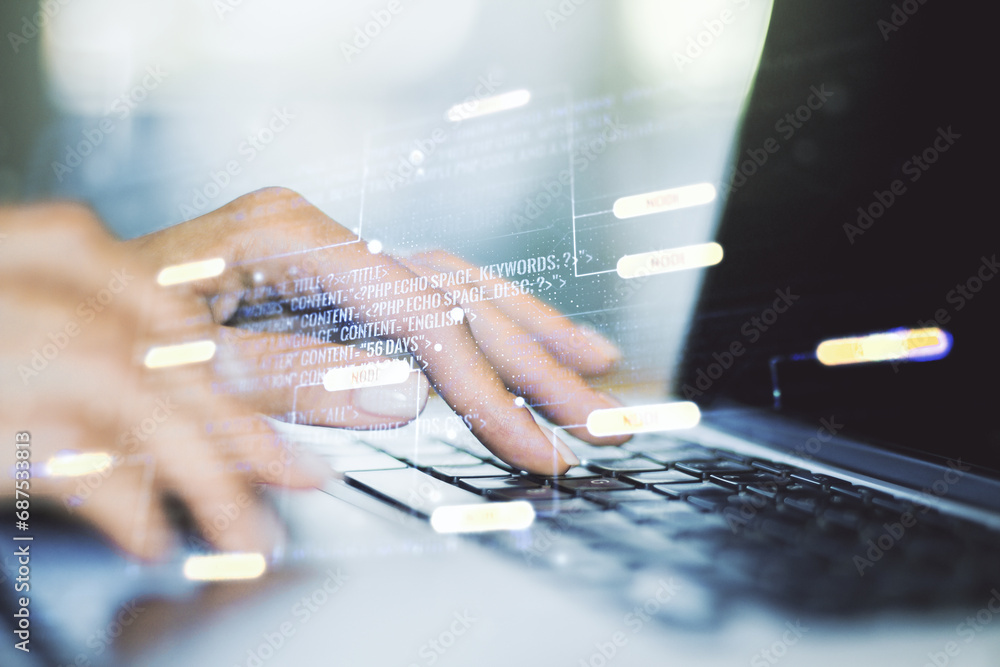 Leinwandbilder double exposure of abstract programming language hologram with hands typing on laptop on background,
