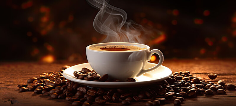 White cup of coffee with steam surrounded by coffee beans banner 