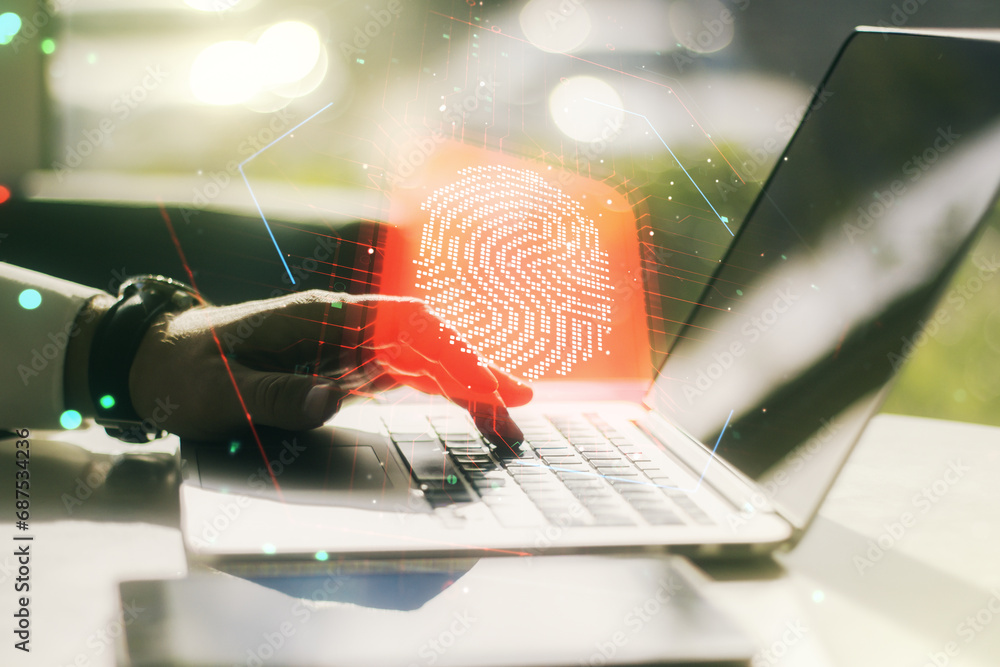 Poster double exposure of abstract creative fingerprint hologram with hands typing on laptop on background,