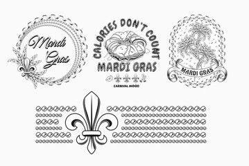 Carnival Mardi Gras labels with Fleur de Lis, holiday food, party streamers, strings of beads, text Vintage illustrations on white background For prints, clothing, t shirt, holiday goods, stuff design
