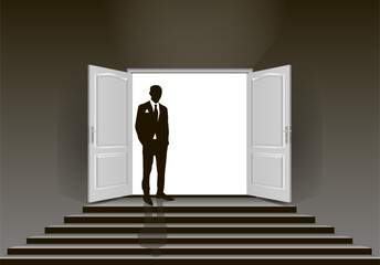 Fototapeta premium The interior of an empty dark room with an open door and the silhouette of a man in a suit. Free up space for copying the 3d image.