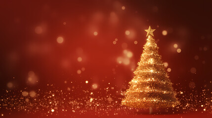 golden lights with christmas tree on red background,bright decoration for merry xmas greeting message.Elegant holiday season christmas card.Copy type space for text or logo