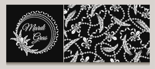 Set of pattern, circular frame with strings of beads, feather, fleur de lis sign, text. Vector illustration for Mardi Gras carnival. For prints, clothing, t shirt, holiday goods, stuff, surface design