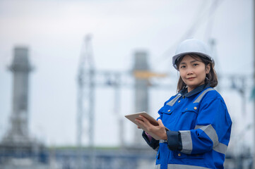 Asian woman petrochemical engineer working at oil and gas refinery plant industry factory,The...