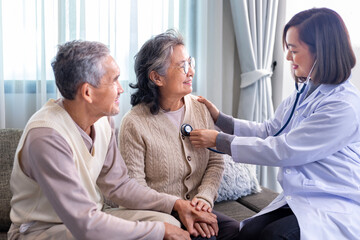 Senior couple got medical service visit from caregiver doctor at home while having medical checkup...