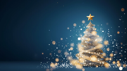 golden and silver lights with christmas tree on blue background,bright decoration for merry xmas greeting message.Elegant holiday season social post digital card.Copy type space for text or logo