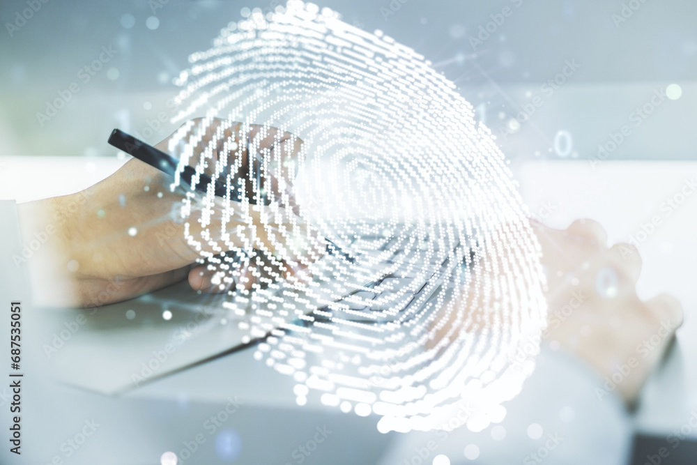 Leinwandbilder multi exposure of abstract creative fingerprint illustration with hand writing in notebook on backgr
