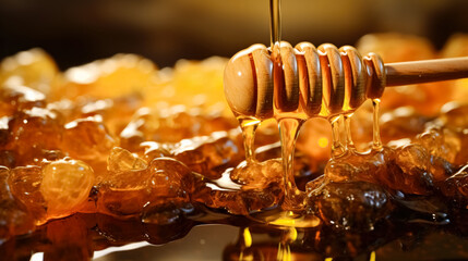 Honey dripping from a wooden honey dipper on a background of honeycombs. 