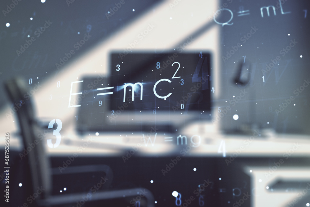 Poster creative scientific formula concept and modern desktop with computer on background. multiexposure