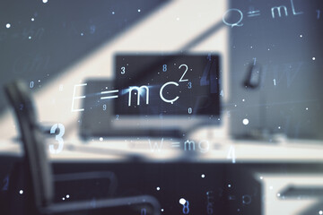 Creative scientific formula concept and modern desktop with computer on background. Multiexposure
