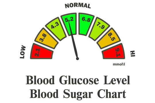 Glucose levels chart. Indicator gauge with colour scale and arrow showing blood sugar levels. Monitoring and Managing Your Blood Sugar Levels for Optimal Health. Diabetes risk.