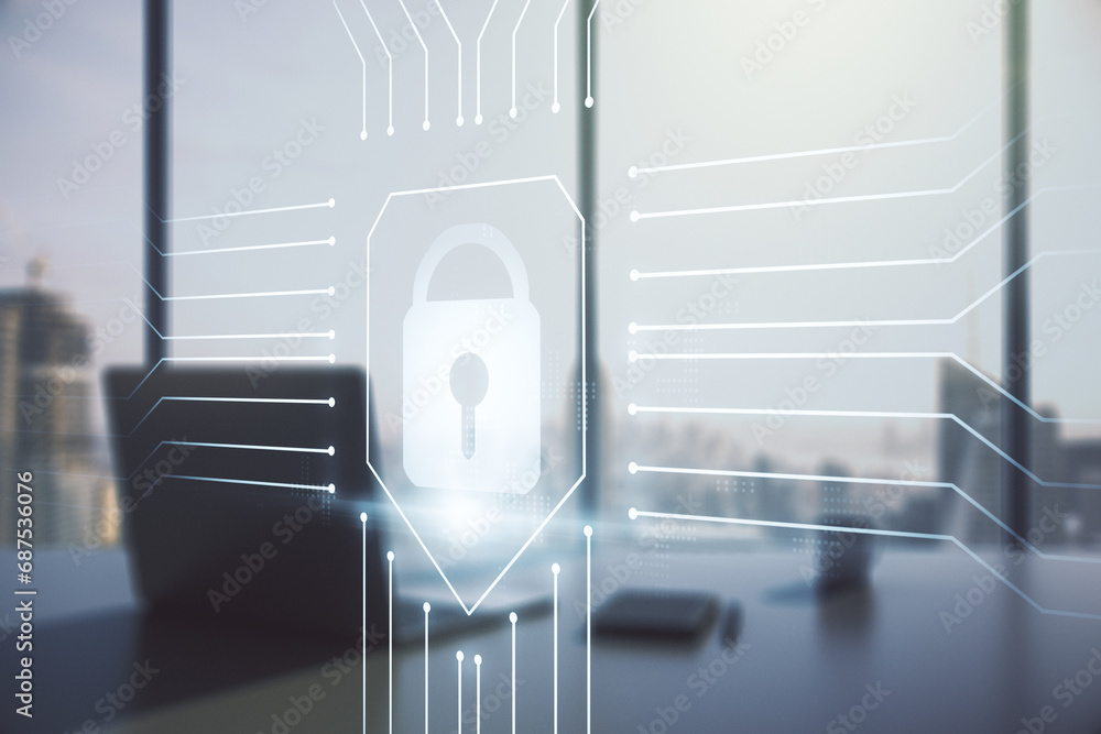 Poster creative lock sketch with chip hologram and modern desk with computer on background, protection of p