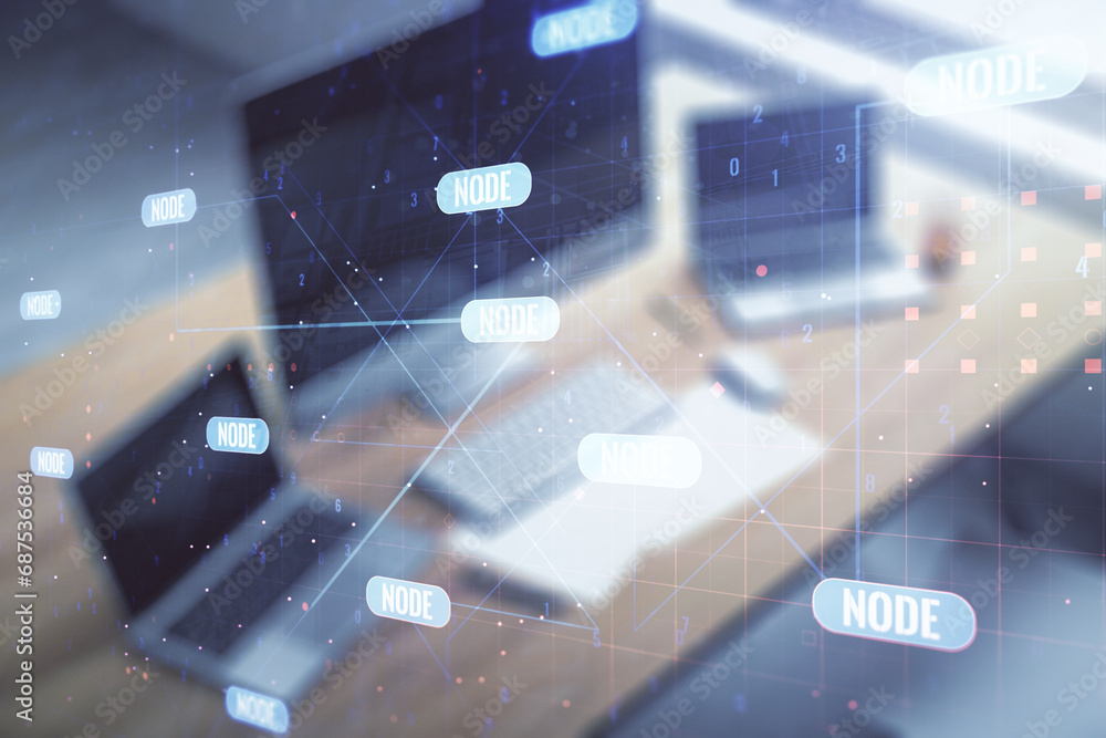 Poster multi exposure of abstract software development hologram and modern desktop with laptop on backgroun