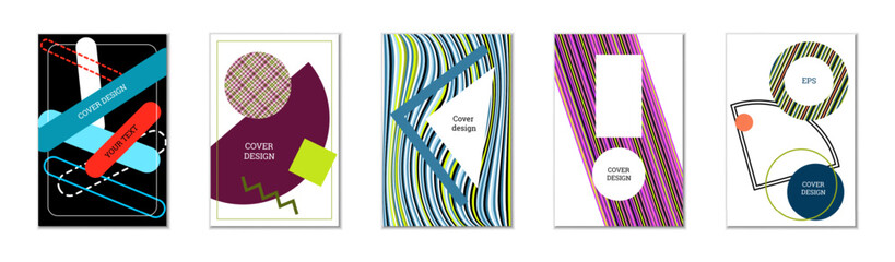 Geometric cover design, set of 5 covers. Abstract unusual background in Memphis style. Bright geometric shapes in random order