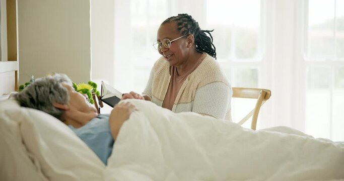 Senior patient, bible study and sick for health, god and worship for wellness, spiritual and disease. Christian, faith and woman for christ, believe and religion for scripture, prayer and healing