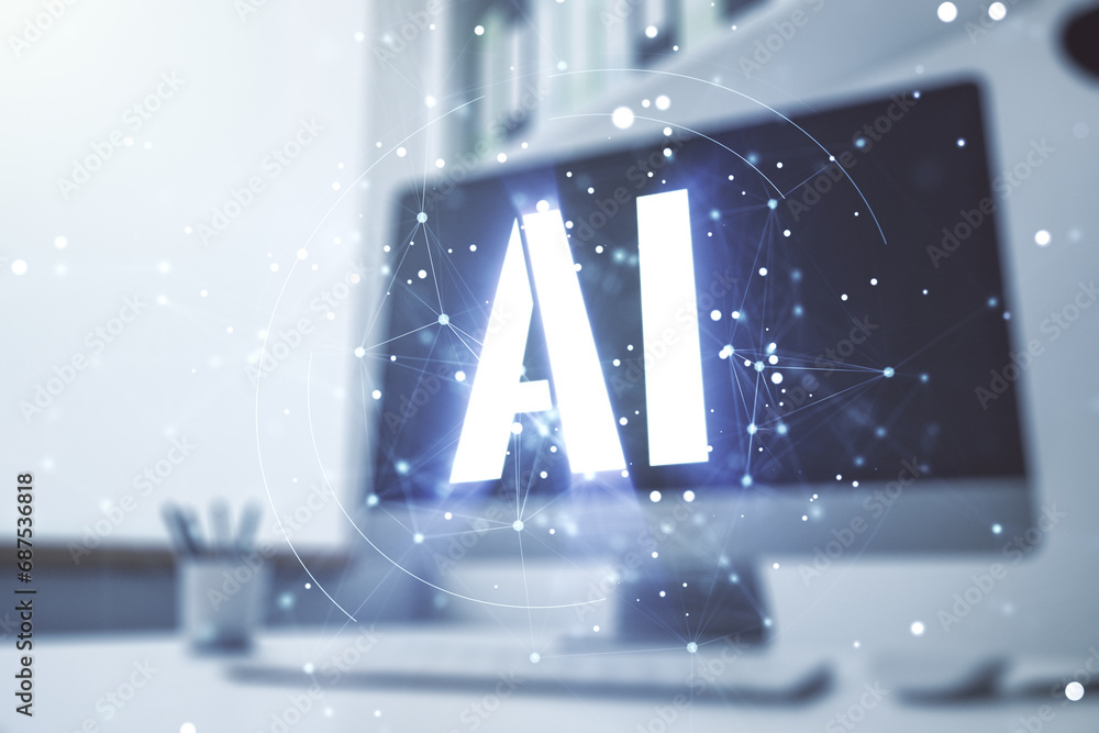 Poster creative artificial intelligence symbol concept and modern desktop with computer on background. mult