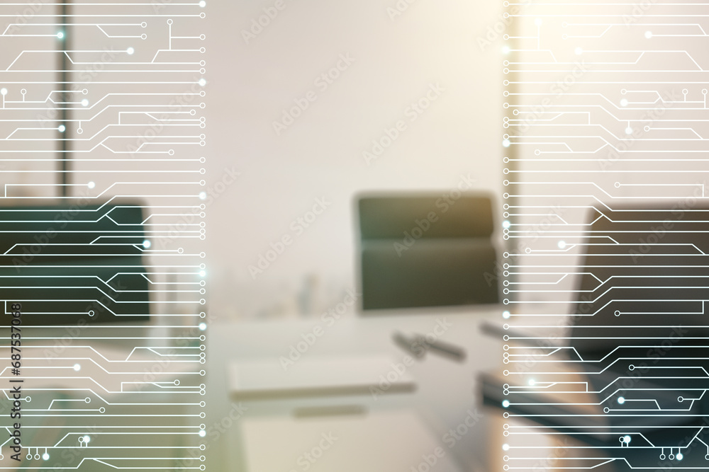 Aufkleber double exposure of circuit hologram and modern desktop with laptop on background. research and devel