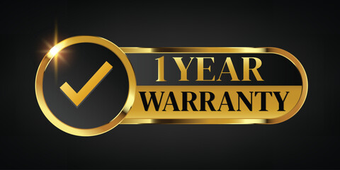 1 year warranty logo with golden banner and golden ribbon.Vector illustration. - obrazy, fototapety, plakaty