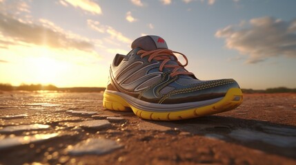 Running shoes on the sand - obrazy, fototapety, plakaty