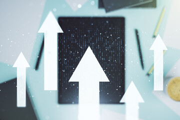 Creative concept of upward arrows illustration and modern digital tablet on background, top view....