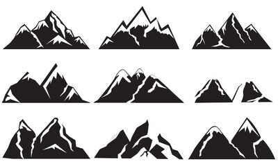 Mountain vector set. Black Mountain Silhouettes, hill, symbol, Clipart. Vintage mountains icons collection Set of hill shapes isolated on white background. Mountain peak silhouettes.