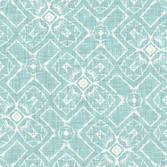 Teal aqua white vibrant watercolor batik azulejos tile background. Seamless coastal blur linen effect geometric mosaic effect.Boho Patchwork nautical masculine all over summer fashion repeat.