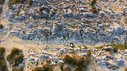 Evening aerial view of sandstone rocks in whimsical shapes. Cantabria, Spain.