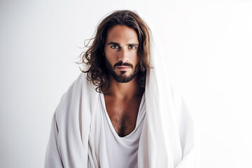 beautiful young handsome resurrected Jesus Christ in white robe, generative AI