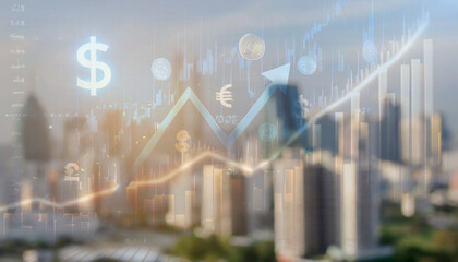 Naklejka premium bitcoins and financial graph with copy space double exposure with blurred modern city view, bitcoins concept
