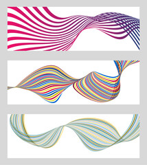 Wavy lines or ribbons. Set of 3 backgrounds. Multicolored striped gradient. Creative unusual background with abstract gradient wave lines to create a trendy banner, poster. vector eps