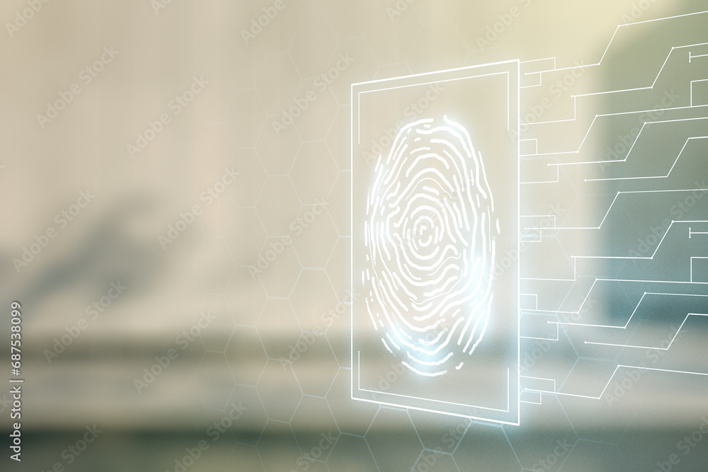 Poster multi exposure of virtual fingerprint scan interface on contemporary business center exterior backgr