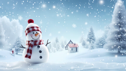 Panoramic view of happy snowman in winter secenery with copy space,PPT background