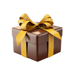 Brown Gift Box with Yellow Bow Isolated on Transparent or White Background, PNG