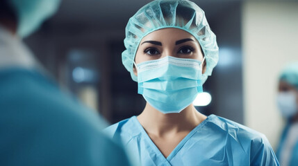 Smiling surgeon middle east woman in surgical operating room, talented doctor surgeon successfully performed complex surgery on patient, happy smiling middle east woman in medical coat and cap. Profes