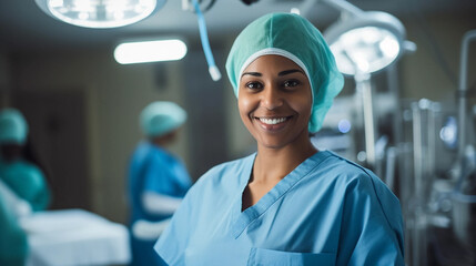 Smiling surgeon middle east woman in surgical operating room, talented doctor surgeon successfully performed complex surgery on patient, happy smiling middle east woman in medical coat and cap. Profes - Powered by Adobe