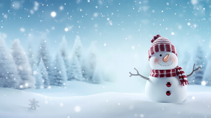 Naklejka na ściany i meble Panoramic view of happy snowman in winter secenery with copy space,PPT background