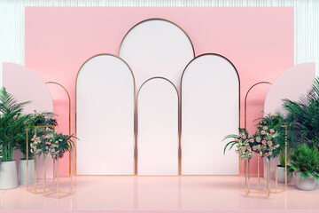 3d render wedding backdrop with flower and wedding decoration, event design