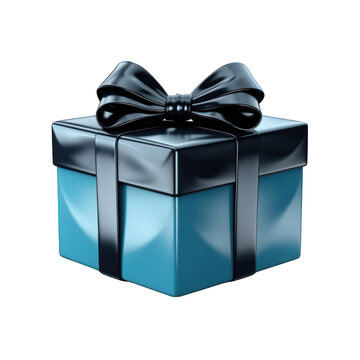 Blue Gift Box with Black Bow Isolated on Transparent or White Background, PNG