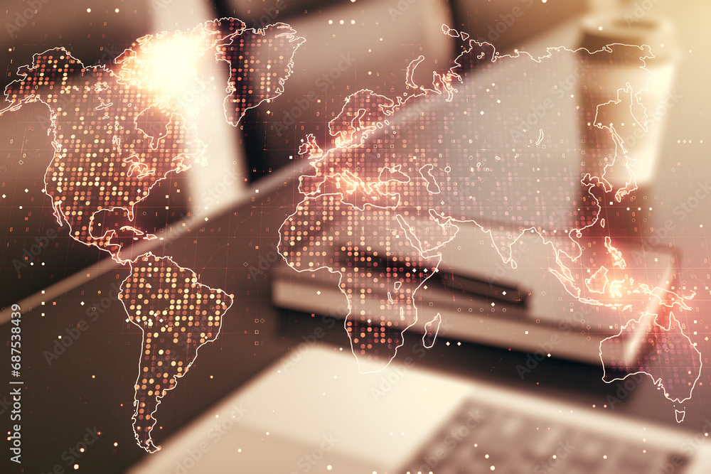 Poster multi exposure of abstract graphic world map on modern computer background, big data and networking 