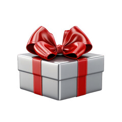 Metal Gift Box with Red Bow Isolated on Transparent or White Background, PNG